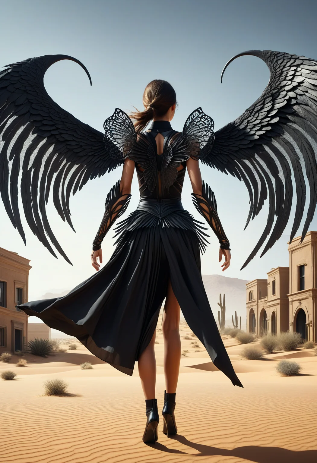awesome quality, dynamic,DonMDr4g0nXL woman from behind,wings attached to back,skirt, (draconid:0.25) black void nature, town house in desert biome <lora:myLora\DonMDr4g0nXL-v2rb:1>,