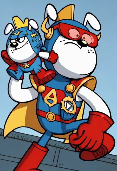 (score_9 | score_8_up | score_7_up) ((masterpiece:1))(best quality,very high quality,ultra detailed:1.2) (2D,cartoon style,anime style)(Smooth:2)(clean blurring) (four fingers on each hand,one thumb on each hand:1), solo, charles, dog, black spot on left eye, white, paws, happy, red blue and yellow super hero costume, blue super hero costume, super hero, red goggles, two side winged headpiece, yellow cape, thick red boots, red glove, 'A' Logo in the middle, AP Puppet,hand puppet, dog puppet