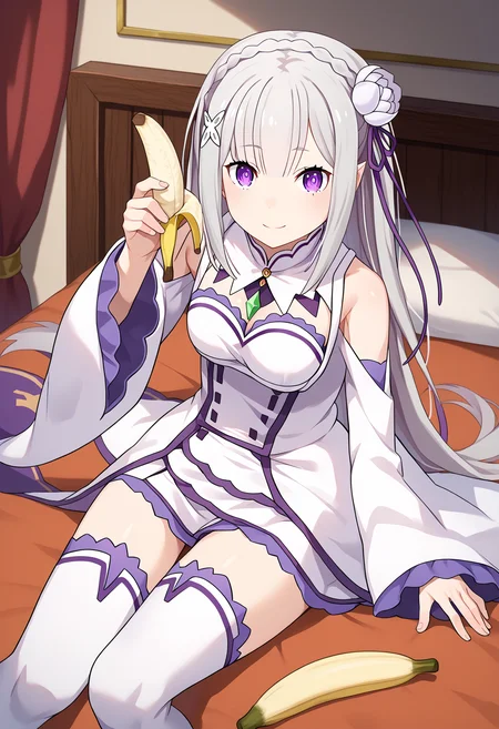 score_9, score_8_up, score_7_up, source_anime, rating_explicit,
BREAK
1girl, solo,
<lora:shiEmiliaV2:1.0> shimilia, long hair, grey hair, purple eyes, pointy ears, crown braid, hair flower, hair ribbon, purple ribbon, x hair ornament, white dress, cleavage, bare shoulders, wide sleeves, white thighhighs, thigh boots,
<lora:shiBananaV1:0.8>, shibanana, banana,
looking at viewer, indoors, bed, smile,