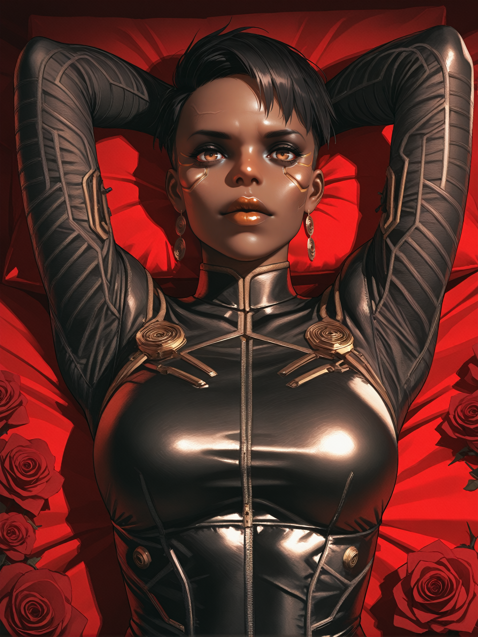 masterpiece, best quality, absurdres,
<lora:ILCyberMamanBrigitte:1.0>
CyberMamanBrigitte, 1girl, dark skin, short hair, black hair, brown eyes, looking at viewer, lying on a bed of roses, arms up, arms behind head