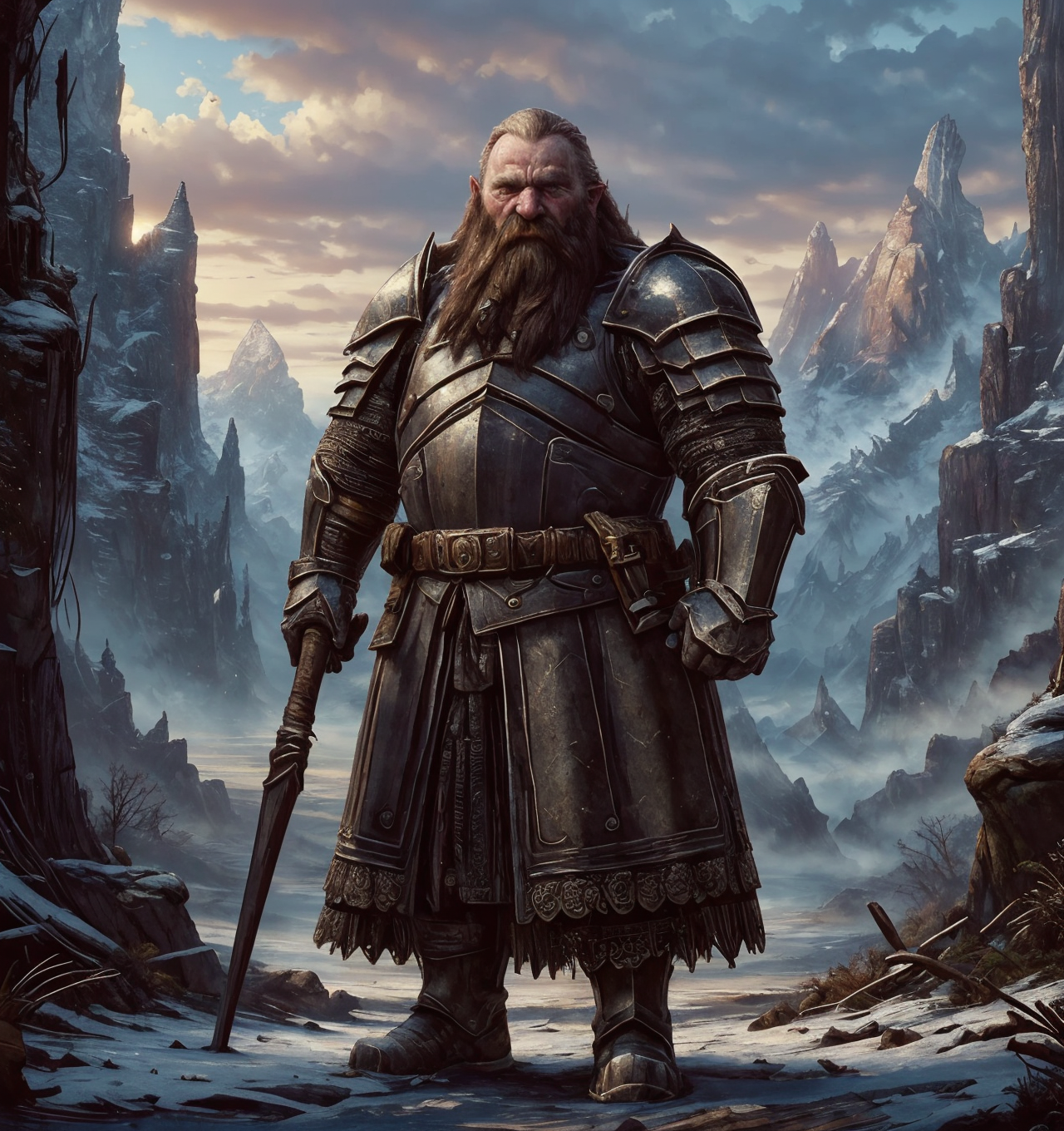 RAW photo, (masterpiece:1.3), subsurface scattering, heavy shadow, (high quality:1.4), (intricate, high detail:1.2), professional photography, HDR, High Dynamic Range, realistic, ultra realistic, photorealistic, high resolution, film photography, ambient lighting, atmospheric effects, <lora:detail_slider_v4:2>, OverallDetail, a dwarf, long beard, wearing intricate armor, holding a shield, DwarAr, <lora:DwarvenArmor:0.65>, fanmou, standing in a sinister and dangerous mountain pass, <lora:Fantasy_Mountains:0.6>, <lora:fantasyAI:0.66>, tanjoreai, epiCPhoto