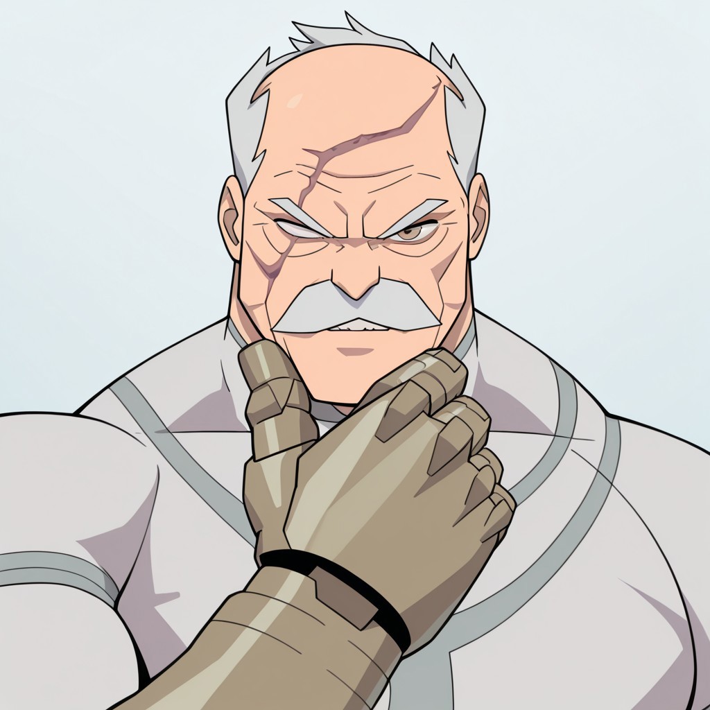 masterpiece, best quality, newest, absurdres, highres, anime, anime style, 1boy, Conquest-ISV-V1.0 old man, white hair, mustache, facial hair, scar, blind eye, single mechanical arm,