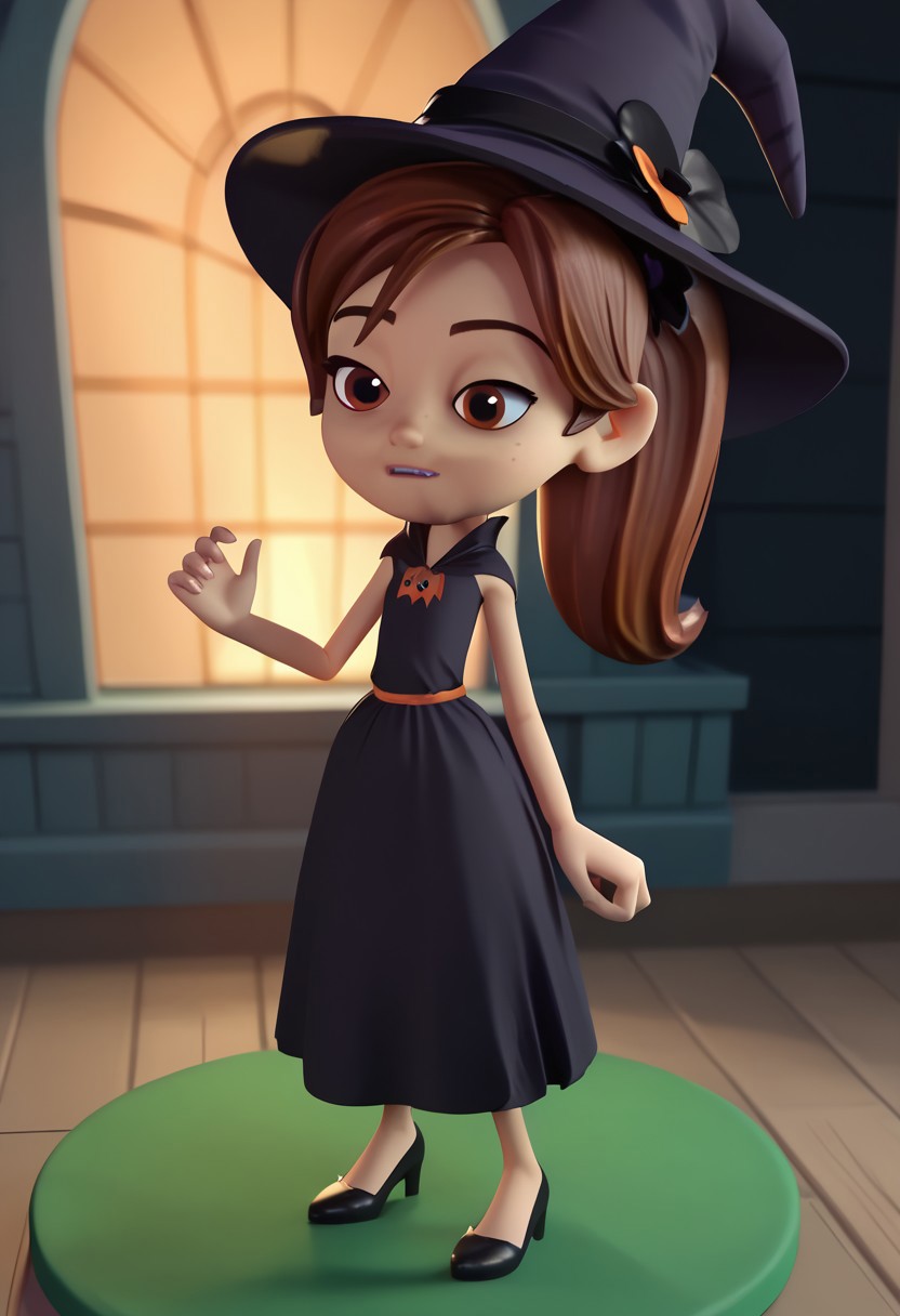 score_9, score_8_up, score_7_up BREAK SunnySpell, 1girl, brown hair, ponytail, brown eyes, black flower scrunchie, witch dress, witch outfit, cgi, source_cgi, girl, girl focus, full body, halloween atmosphere, halloween background, halloween decorations,
