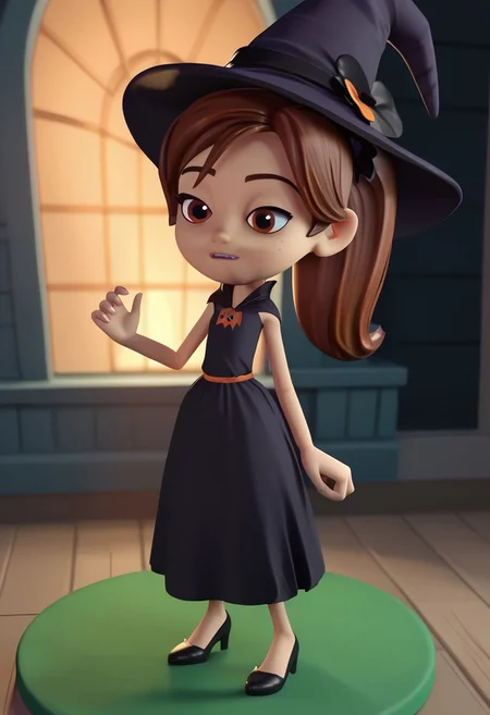 score_9, score_8_up, score_7_up BREAK SunnySpell, 1girl, brown hair, ponytail, brown eyes, black flower scrunchie, witch dress, witch outfit, cgi, source_cgi, girl, girl focus, full body, halloween atmosphere, halloween background, halloween decorations,
