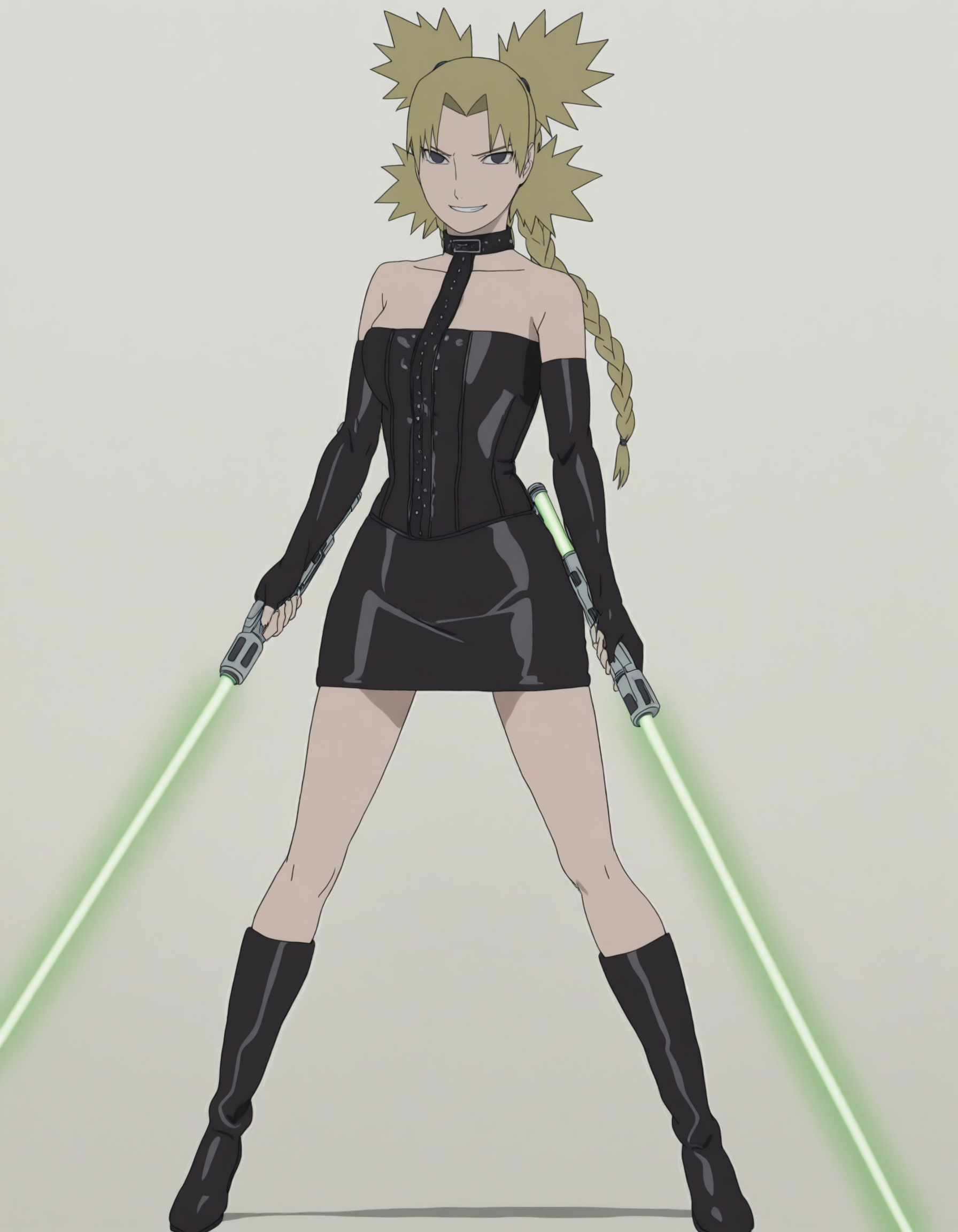 solo, full body, perfect composition, shadows, shading, <lora:anime_screencap-Illustrious:0.7> anime screencap, anime coloring, very aesthetic, absurdres, zPDXL, <lora:Pony_DetailV2.0:0.5> <lora:illustrious_quality_modifiers_masterpieces_v1:1>
<lora:Temari:1> temari, 1girl, blonde hair, (connected collar), choker collar, (quad braids, long braid:1.2), female focus, looking at viewer, fierce expression, smiling, fighting pose, bent knees, holding lightsabers, green lightsaber, dual wielding, 
<lora:Outfit_soph-PadmeSenatorCosplay-ILXL:1> black corset, clothing cutout, detached sleeves, strapless, sequins, form fitting, bodycon, fingerless gloves, elbow gloves,
white background