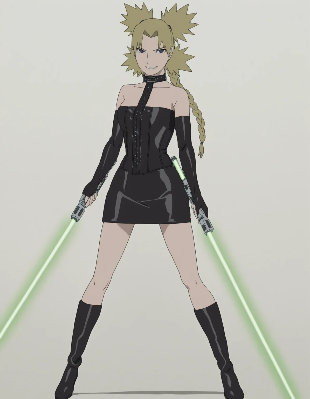 solo, full body, perfect composition, shadows, shading, <lora:anime_screencap-Illustrious:0.7> anime screencap, anime coloring, very aesthetic, absurdres, zPDXL, <lora:Pony_DetailV2.0:0.5> <lora:illustrious_quality_modifiers_masterpieces_v1:1>
<lora:Temari:1> temari, 1girl, blonde hair, (connected collar), choker collar, (quad braids, long braid:1.2), female focus, looking at viewer, fierce expression, smiling, fighting pose, bent knees, holding lightsabers, green lightsaber, dual wielding,
<lora:Outfit_soph-PadmeSenatorCosplay-ILXL:1> black corset, clothing cutout, detached sleeves, strapless, sequins, form fitting, bodycon, fingerless gloves, elbow gloves,
white background