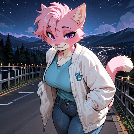 masterpiece, best quality, newest, absurdres, highres, furry, perfect anatomy, J4n4,1girl,solo,furry,furry female,cat girl,cat ears,purple eyes,animal nose,whiskers,body fur,two-tone fur,pink fur,white fur, blue shirt, white jacket, blue pants, denim, road, walking, standing, looking at viewer, talking, happy, smiling, mountainous background, night, nighttime,