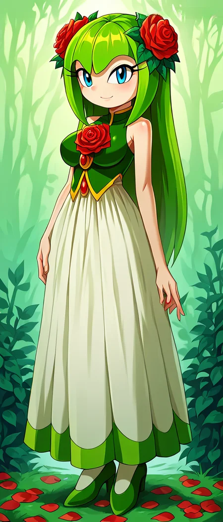 2d, Score_9, score_8_up, sonicx_style, anthro, medium breasts, slim, glistening, sonic_(series),1girl, cosmotheseediran, plant, flora fauna, elemental creature, blue eyes, green hair, pale skin, plant, flora, fauna, greenflowerdress, green hair, blue eyes, long hair, plant girl, hair flower, full body, red flower, hair ornament, green theme, red rose, solo, (long skirt, petal skirt, white skirt) <lora:Sonic_X_Style_V2_NS:0.6> <lora:Cosmo_V2_epoch_3:1>