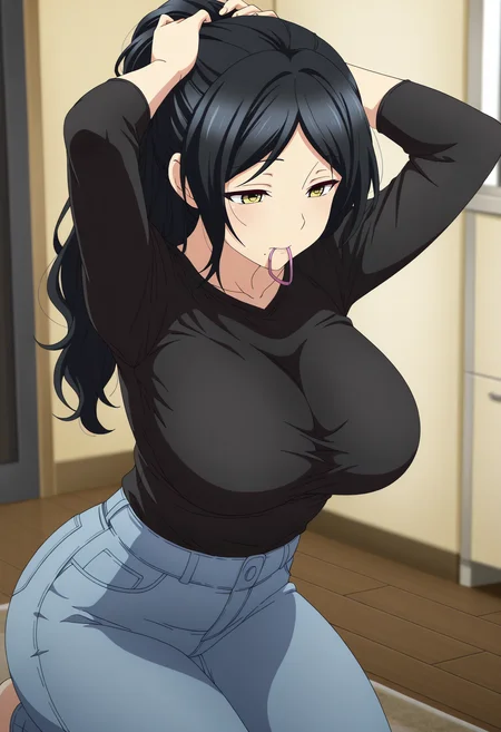 1girl,solo,mm,mature female,black hair,long hair,yellow eyes,mole under mouth,large breasts,anime coloring,
long sleeves, black shirt,pants,denim,taut shirt, shirt tucked in, kneeling,tying hair, indoors,alternate hairstyle
,masterpiece,best quality,amazing quality,<lora:maronmaron-mother_ix:0.8>