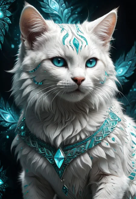 Magical creature, adorable white cat, hyper realistic, glowing turquoise tribal patterns on the fur, turquoise eyes, abstraction,  shading, bold, 3D, UHD, multidimensional, deep fractal, etched shapes, dark, close-up, sparkling turquoise particles, 8k award winning