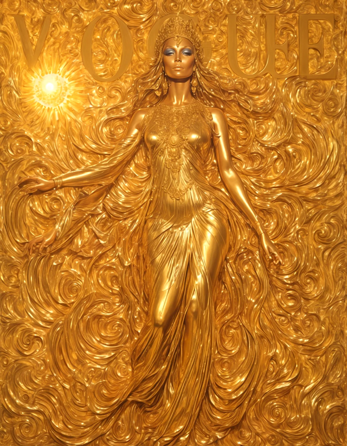 She liquid metal, molten gold, gilded goddess, flowing gown, sun-kissed allure, goddess of the sun, Fashion Week Finale, golden sunset,highly intricate,(VOGUE Cover Magazine:1.15),1968, 60s, black letters, hyper detailed, photorealistic,,
