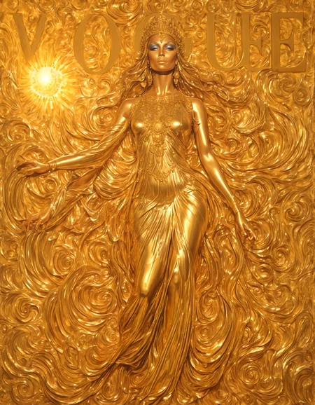 She liquid metal, molten gold, gilded goddess, flowing gown, sun-kissed allure, goddess of the sun, Fashion Week Finale, golden sunset,highly intricate,(VOGUE Cover Magazine:1.15),1968, 60s, black letters, hyper detailed, photorealistic,,