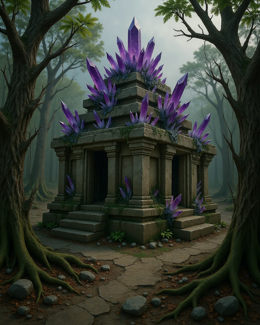 cryst4l_pl4gue Ancient temple ruins deep in a tropical jungle being consumed by crystal growth, massive stepped pyramid with purple crystal spires erupting from the stone, crystal formations hanging from archways, shafts of green-gold sunlight filtering through the canopy and refracting through translucent crystals, vines intertwined with crystal tendrils