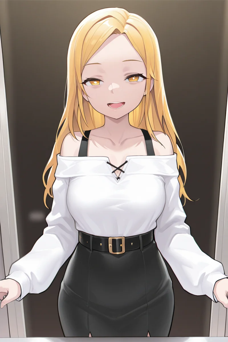 masterpiece, best quality, amazing quality,
<lora:Personality_IL:1> personality, 1girl, solo, blonde hair, open mouth, shirt, white shirt, long hair, skirt, off-shoulder shirt, off shoulder, looking at viewer, long sleeves, collarbone, smile, yellow eyes, belt, teeth