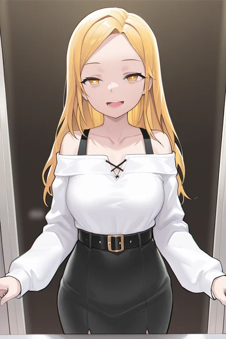 masterpiece, best quality, amazing quality,
<lora:Personality_IL:1> personality, 1girl, solo, blonde hair, open mouth, shirt, white shirt, long hair, skirt, off-shoulder shirt, off shoulder, looking at viewer, long sleeves, collarbone, smile, yellow eyes, belt, teeth