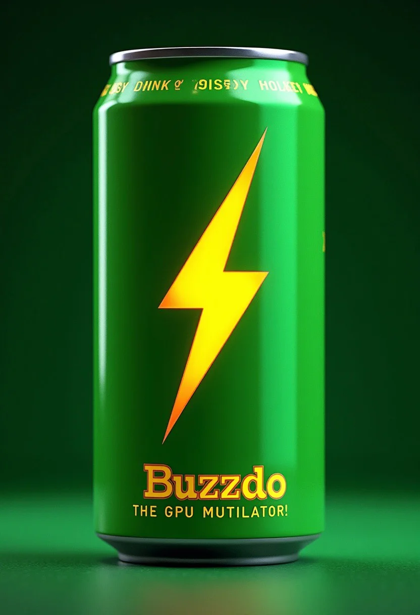 A photo ad of an energy drink in a green can. On the can there is a yellow 3d rendered lightning bolt. The drink is called "Buzzzdo". The subtitle under the can reads in italics and all caps "The GPU Mutilator!"