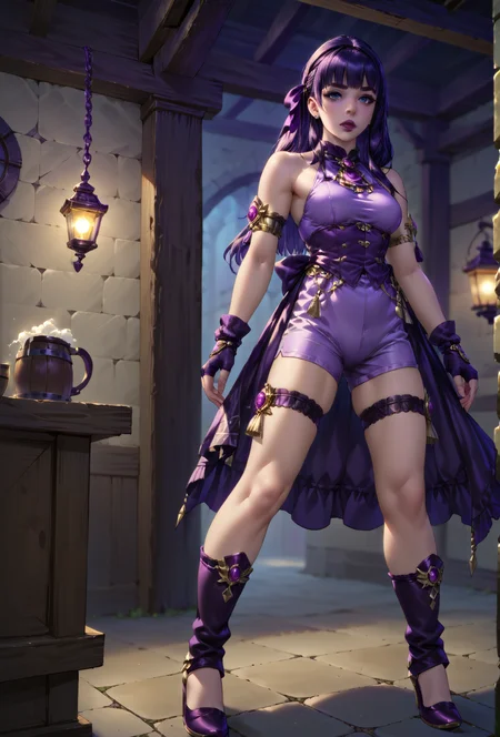 zPDXL ,score_9, score_8_up, score_7_up, <lora:RealisticAnime:1> (ultra realistic, 32k, masterpiece:1.2), (high detailed skin:1.1), (high quality:1.1), 1girl, full body, tavern, dancing, looking at viewer,
BREAK <lora:Gaia_FFXIV:.75> gaia \(ff14\), black hair, blue eyes, lips,
BREAK etoile dancer, jewelry, bare shoulders, shorts, fingerless gloves, high heels, armlet, fringe trim, thigh strap, skirt, hair ribbon, leg warmers, (purple clothing:1.5),<lora:Etoile_Dancer:.8>