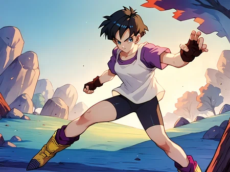 Videl, 1girl, blue eyes, shadows, blue eyes, short hair, spiked hair, white shirt, purple shirt, <lora:VidelSDXLMulti-Test-16-16-C-Test-2:0.85>, masterpiece, best quality, absurdres, perfect lighting, score_9, score_8_up, score_7_up source_anime, fighting pose, fingerless gloves, bike shorts, open field, trees, rocks
