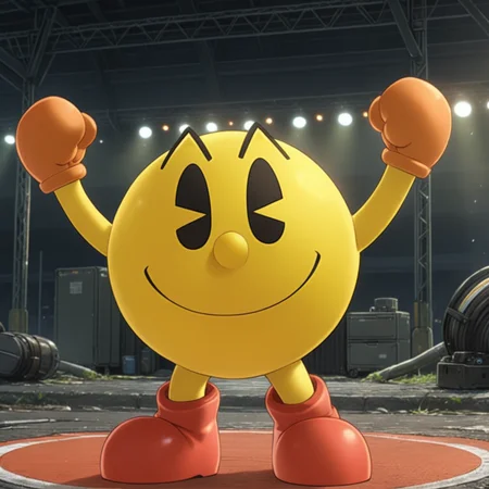 pacmanxl standing, arms up, smile  <lora:PacmanXL:.6>, (anime, masterpiece, intricate:1.3), (best quality, hires textures, high detail:1.2), (4k),(incredibly detailed:1.4),UHD, 8K, ultra detailed