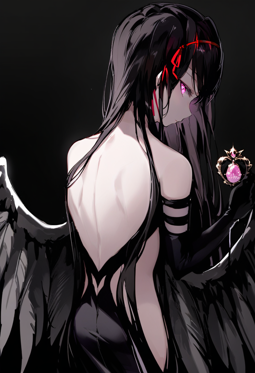 masterpiece, best quality,<lora:OH4XL_ANI31_lokr_V4312:0.95>1girl, long hair, akuma homura, akemi homura, solo, black hair, black gloves, gloves, elbow gloves, wings, from behind, dress, bare shoulders, black dress, black background, looking back, purple eyes, looking at viewer, ribbon, holding, simple background, bare back, hair ribbon, backless outfit, back focus, backless dress, back, red ribbon, soul gem, feathered wings, very long hair, black theme, pink eyes, glowing, black wings, profile, upper body