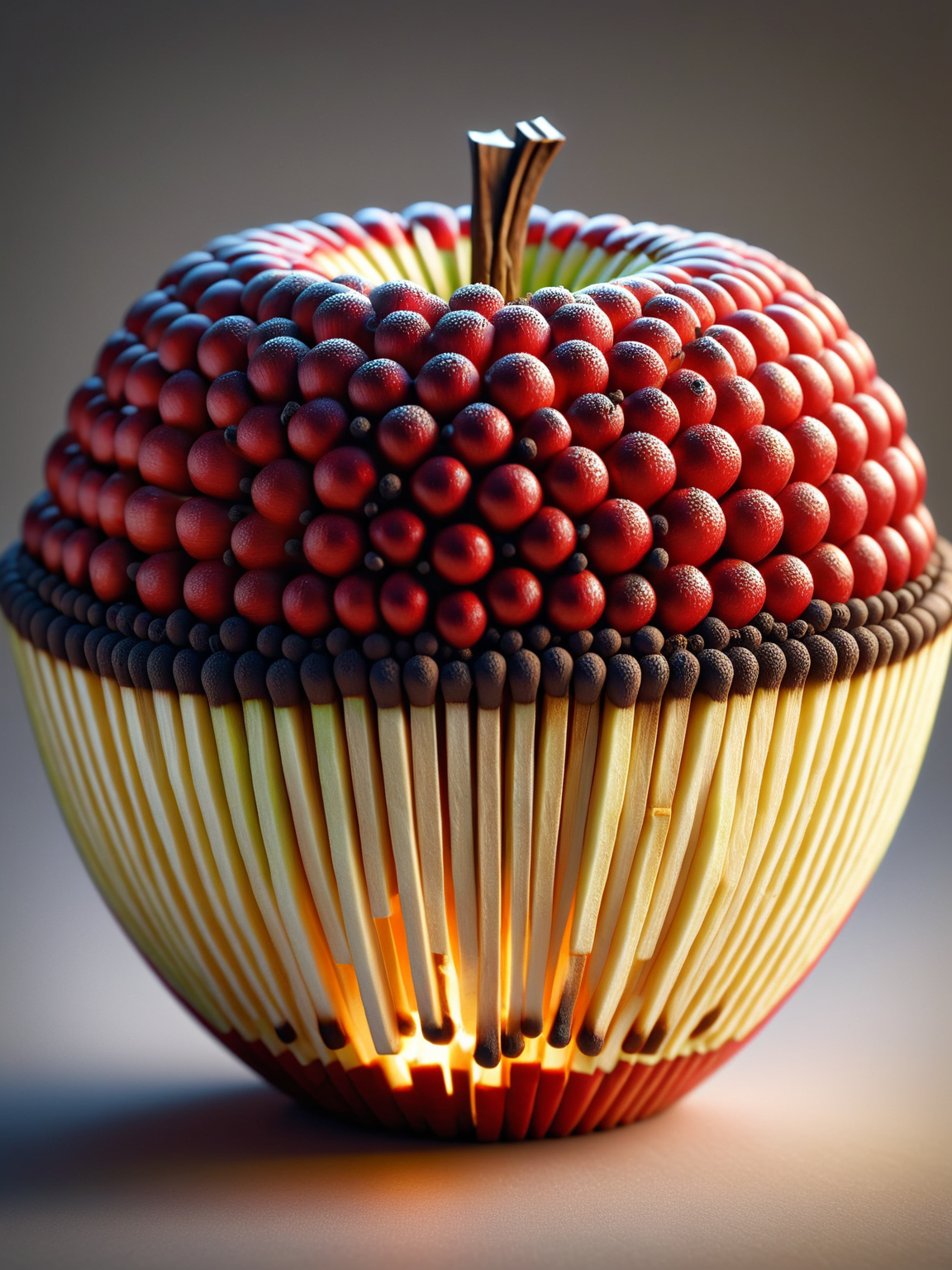 A detailed model of an apple made of ais-matches, with intricate texture and realistic shape, set against a plain background <lora:Matches_Style_SDXL:1>