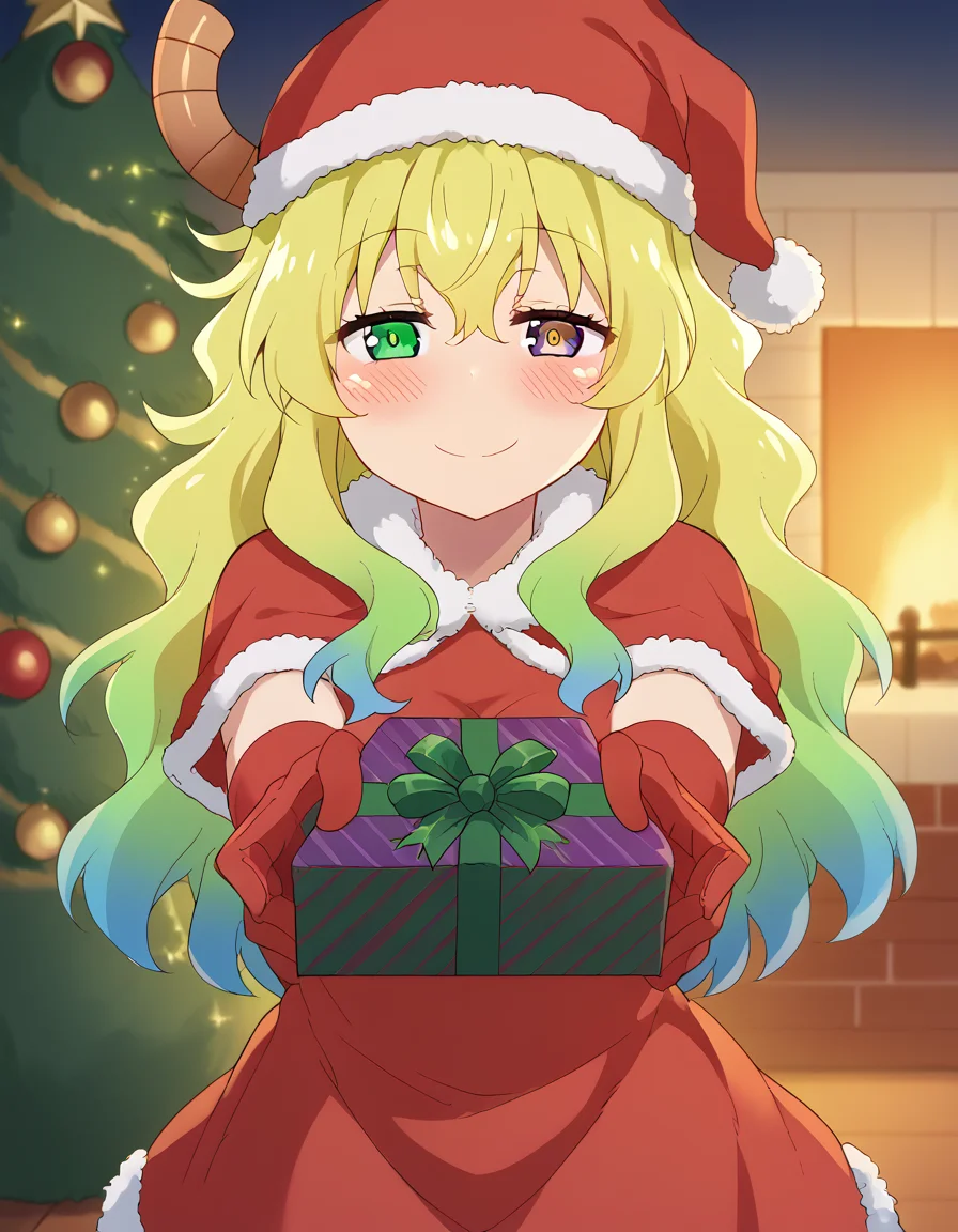 score_9, score_8_up, score_7_up, source_anime, <lora:dragon-lucoa-s2-ponyxl-lora-nochekaiser:1>, lucoa, blonde hair, blue hair, dragon girl, gradient hair, green hair, hair between eyes, horns, huge breasts, multicolored hair, green eyes, purple eyes, yellow pupils, heterochromia,, <lora:santa-costume-ponyxl-lora-nochekaiser:1>, santa costume, santa hat, christmas, sack, merry christmas, gift, fur-trimmed headwear, holding sack, santa dress, fur-trimmed dress, christmas tree, christmas tree, fur trim, red capelet, gift box, red gloves, fur-trimmed capelet, santa gloves, red hat, hat,, smile, blush, looking at viewer, <lora:incoming-gift-ponyxl-lora-nochekaiser:1>, incoming gift, outstretched arms, holding, holding gift, gift, gift box,,