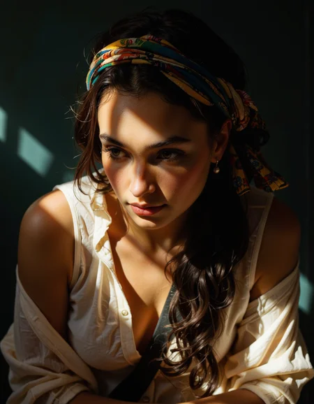 A cinematic photo of a beautiful berber woman, intricate light, angle view, thoughtful look down.