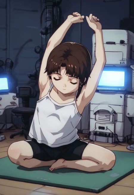 score_9, score_8_up, score_7_up, score_6, source_anime, lain, kneeling, chibi, kawaii, ((plain white camisole)), (((yoga mattress, complex yoga stretching, difficult stretching move, very difficult yoga move, wide stretch, wide gap))), ((closed eyes, bliss)), deep breath, HDA_SportsXL, dark computer room, watercooling systems, computer screens, computer room, computers, computer cables, network cables, lain's bedroom, ((low light, pitch dark)), dark night, dark ambiance, (((puddles, wet floor))), night, teddy bears background