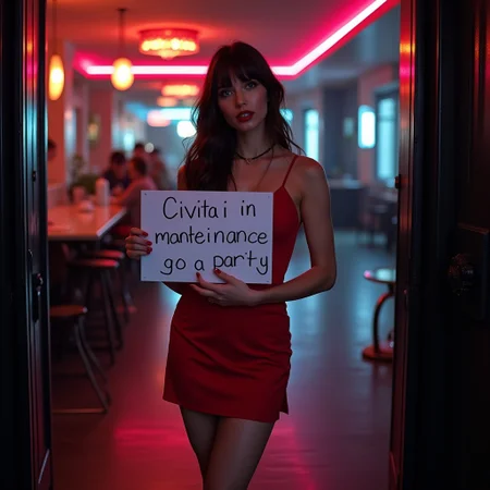 SFW image, beautiful 24 year old woman, <S353_KylaCole:0.80>, slim figure, nicely outlined calf muscles, red-burgundy pronounced lips, theeth, dark brown hair, swept bangs, long hair, medium round breasts, 
cinematic film still, clear blue eyes, looking glamorous. Luxury red cocktail dress, epic, gorgeous, full body shot, standing at entarnce of posh luxury night club on, legs crossed, light smile, neon lights, rating_safe,
cool color tone, depth of field, 35mm, showing to viewer a white board "Civitai in manteinance mode, go to party" written on board in lipstick