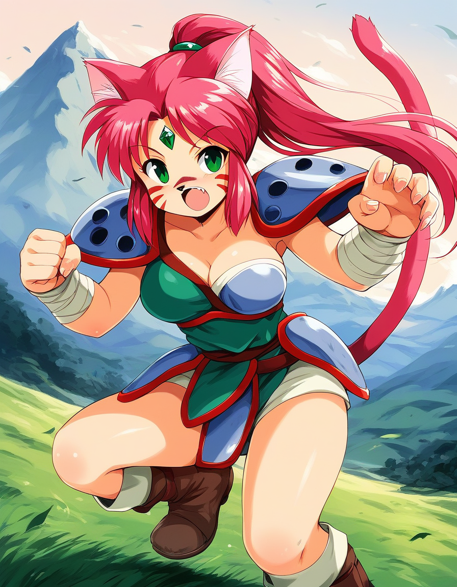 score_9, score_8_up, score_7_up, source_anime, rating_explicit, BREAK  <lora:Ryuquir_XL:1> Ryuquir, animal ears, tail, cat ears, facial mark, cat tail, green eyes, ponytail, red hair, long hair, pink hair, cat girl, breasts, forehead jewel, green jewel,
mountain, sky, fight, fighting pause, open mouth,ãnose tape,
 shoulder armor, solo, weapon, armor,  furry,  grass, hook claw, boots, looking at viewer, outdoors, fingernails,  shoulder pads,