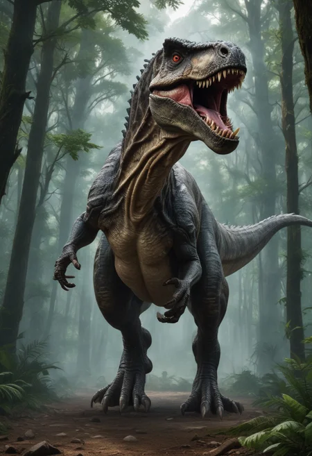upscale, a  braciosaurs,, massive gigantic braciosauras, fierce, roaring, in a jurassic world, green forest,  hyperrealistic, fantasy, flying around, angry, highly detailed body, super realistic, hi_res, absurd detailed, very detailed face,