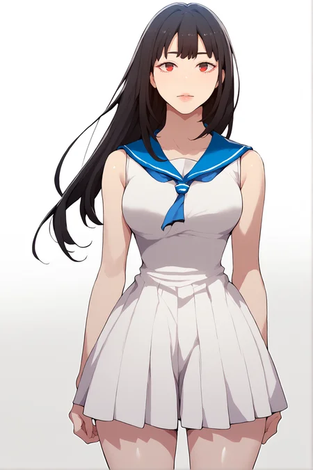 <lora:XL_YuHee_SC:1> yuheedef, black hair, red eyes, long hair, white background, simple background,
white dress, blue sailor collar, looking at viewer, standing, thighs, sleeveless,, score_9,score_8_up,score_7_up, detailed face, source_anime
