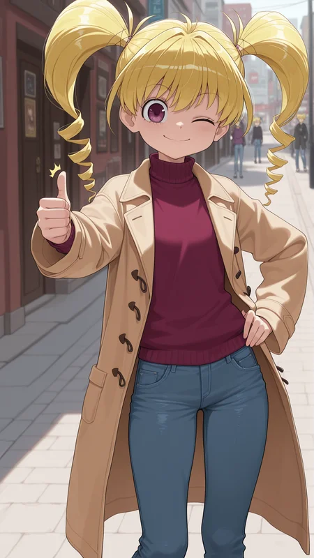 masterpiece, best quality, amazing quality, 1girl, solo, <lora:IlluBiscuit:1> illubiscuit, purple eyes, blonde hair, twintails, drill hair, jeans, open coat, turtleneck sweater, street, thumbs up, one eye closed, smile, hand on own hip,