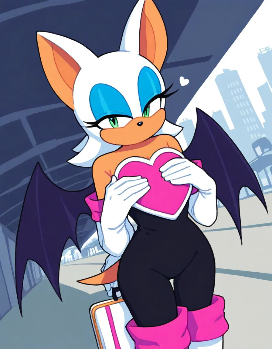 , <lora:rouge-the-bat-illustriousxl-lora-nochekaiser:1>, rouge, animal ears, bat ears, bat girl, bat tail, bat wings, eyeliner, furry, furry female, green eyes, makeup, tail, white hair, wings, eyeshadow,, bare shoulders, boots, elbow gloves, gloves, heart, knee boots, white footwear, white gloves,, train station, waiting for train, suitcase, traveling, commute, city skyline, hands behind back,, , hands on own chest,, looking at viewer, solo,, dutch angle, cowboy shot