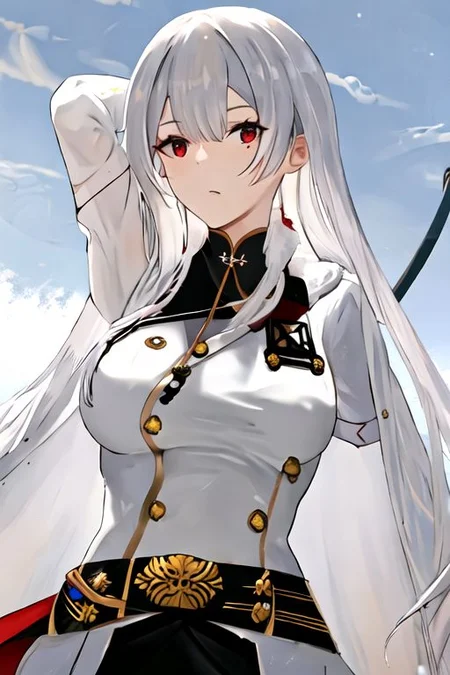 solo_focus, 1girl, (((masterpiece))), ((best quality)), ((ultra-detailed)), high resolution, absurdres, highres, ultra-detailed 8k unity wallpaper,
sovetskaya_rossiya_azurlane, long_hair, hair_between_eyes, red_eyes, breasts, large_breasts, mole, white_hair, mole_under_eye, bangs, blush, grey_hair, very_long_hair