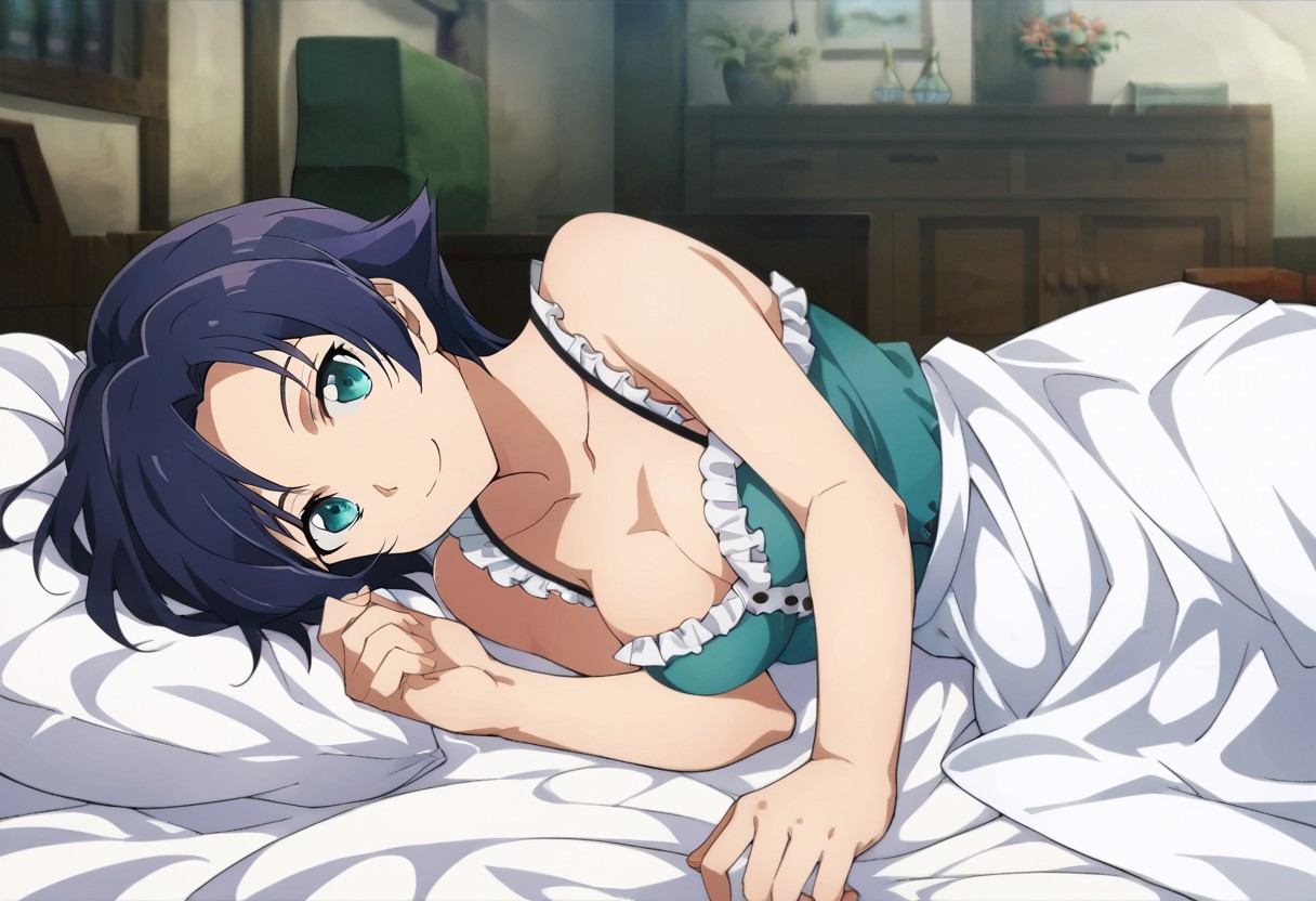 score_9, score_8_up, score_7_up, source_anime, pov across bed, 1girl, solo, closed mouth, smile, collarbone, cleavage, on side, medium breasts, short hair, frills
