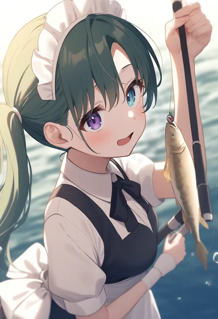 1girl,sincos, ningen mame, toosaka asagi,solo,medium breasts,20yo,maid,maid headdress,
fishing, fishing rod, fish, boat, holding fishing rod, holding fish, ocean, day, arm up, water drop, fishing line, <lora:fishing_XL_v1:0.8>
from above, portrait, looking to the side, green hair, heterochromia,kubrick stare, open mouth, lightly curled inwards hair,,
best quality, very aesthetic, absurdres
