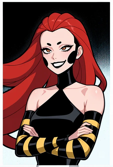 <lora:frightwig:1> frightwig, 1girl, long hair, red hair, bare shoulders, black lips, striped sleeves, detached sleeves, black bodysuit, facing forward, evil grin, teeth, crossed arms,, masterpiece, best quality, amazing quality, very aesthetic, absurdres, newest,, upper body, halftone effect, white borders, abstract background:1.2,