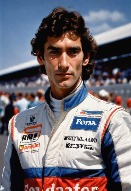 create a realistic, high quality portrait image of 1980s, Ayrton Senna, head and shoulders, Grand Prix,racing driver, racetrack,outdoors,sky blue,day, facing viewer cloud, blue sky,_p_style, car Williams formula 1,barriers, <lora:VintagePPXL:1>, (masterpiece, best quality, ultra-detailed, best shadow), high contrast, (best illumination), ((cinematic light)), colourful, hyper detail, dramatic light, intricate details, ultra detailed artistic photography, lit from front ultra high definition, 8k, ultra sharp focus, ultra high quality, soft lighting, film photography, analogue photography, hyperrealism, no racing cars