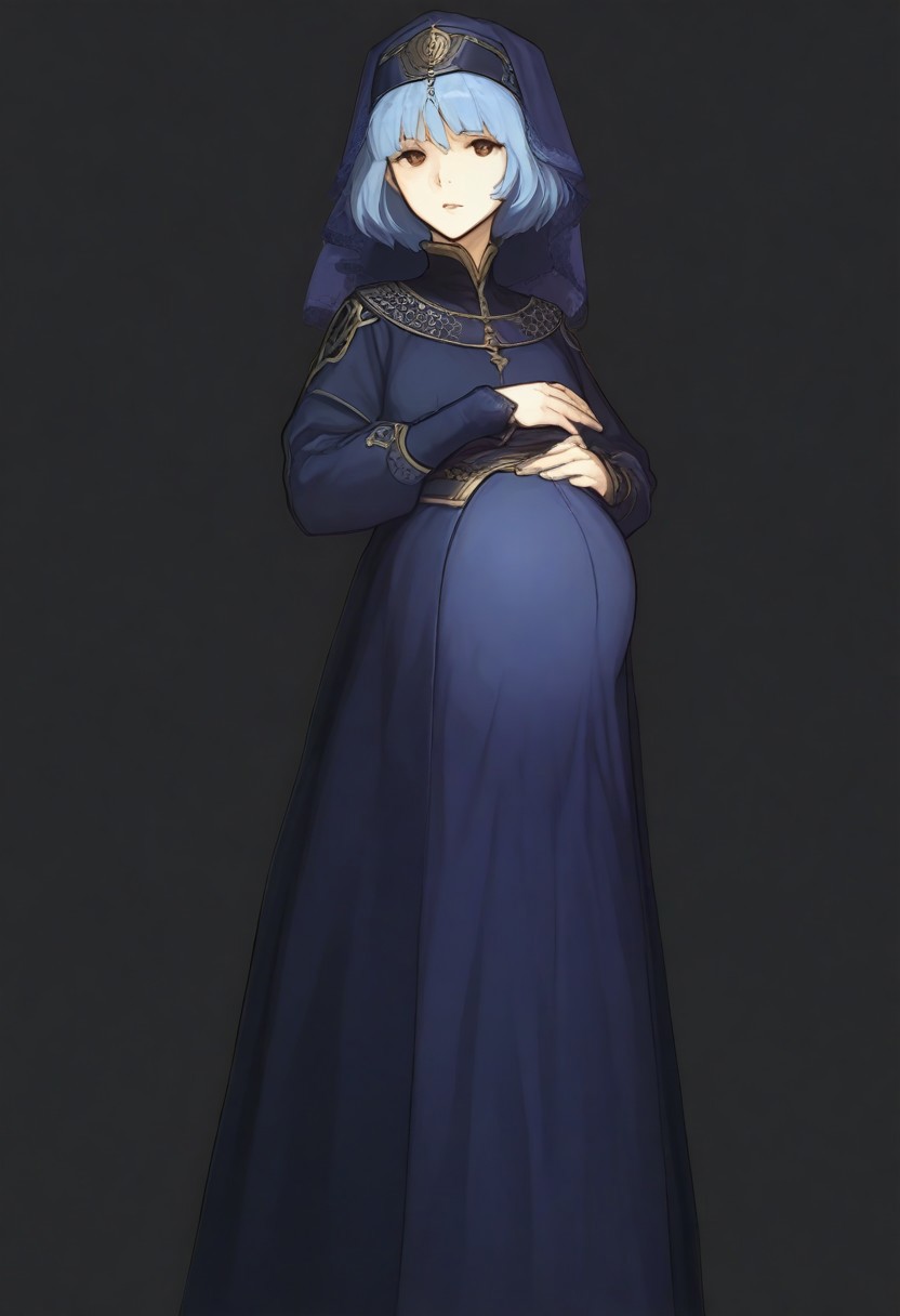 score_9, score_8_up, score_7_up, detailed, 
, clothed, pregnant, 
<lora:FE_Echoes_Shadows_of_Valentia_-_ArtStyle:1>, FE-Sh4d0ws, 1girl, solo, looking at viewer, short hair, simple background, long sleeves, white background, dress, brown eyes, blue hair, standing, , , veil, masterpiece, best quality, amazing quality, masterwork, cinematic light, harsh shadows, light and shadows, perfect composition, legs,