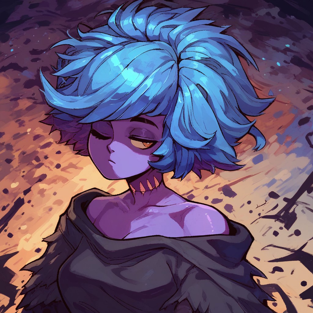 score_9, score_8_up, score_7_up, ultra quality, by valmardraws, 1girl, zombie, monster girl, blye skin, one eye closed, expressionless, blue hair, looking away, dark lighting, abstract background