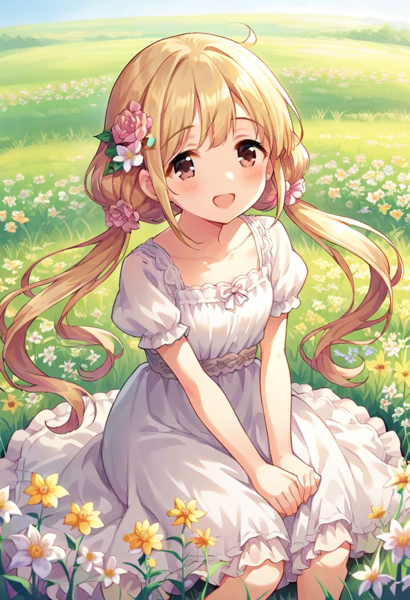 score_9, score_8_up, score_7_up, source_anime,futaba anzu, blonde hair, long hair, brown eyes, 1girl, solo, hair ornament, flower, dress, twintails, hair flower, smile, open mouth, sitting, field, low twintails, white dress, blush