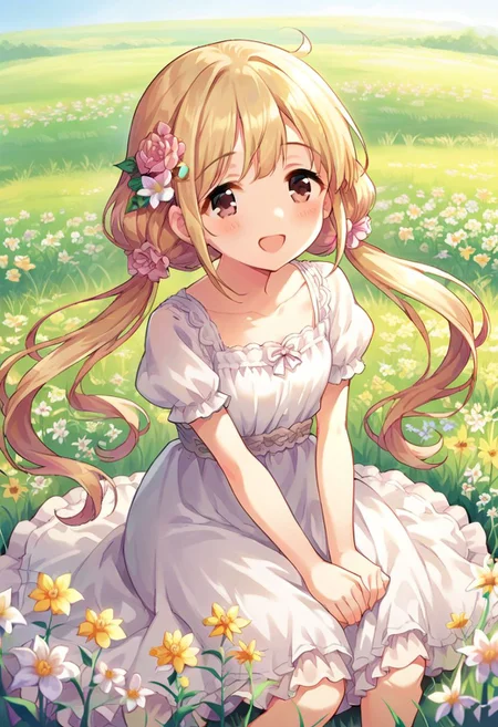 score_9, score_8_up, score_7_up, source_anime,futaba anzu, blonde hair, long hair, brown eyes, 1girl, solo, hair ornament, flower, dress, twintails, hair flower, smile, open mouth, sitting, field, low twintails, white dress, blush