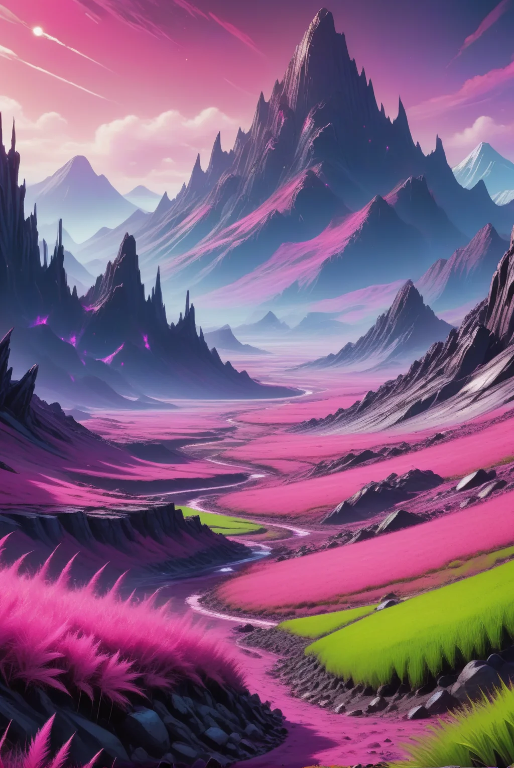 xl_kk, an alien planet, rolling fields in foreground of alien grass, mountain background, sharp jagged mountains, inhospitaple, stone tubes emitting poisonous gasses, pink, purple, green, blue <lora:Saturated_Landscape_XL-KK:1>