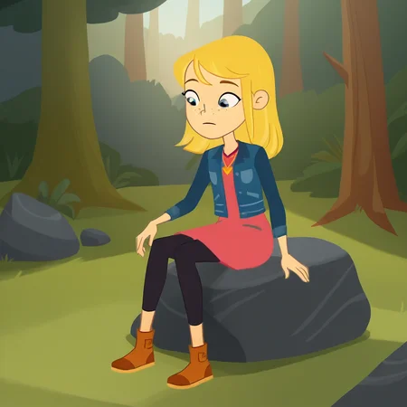 score_9_up, score_8_up, BREAK, Lexi, 1girl, solo, blonde hair, blue eyes, freckles, necklace, jacket, long sleeves, pink dress, black leggings, brown footwear, <lora:Lexi_LexiAndLottie_PXL_Leaf1:1>, outdoors, forest, sitting on rock,