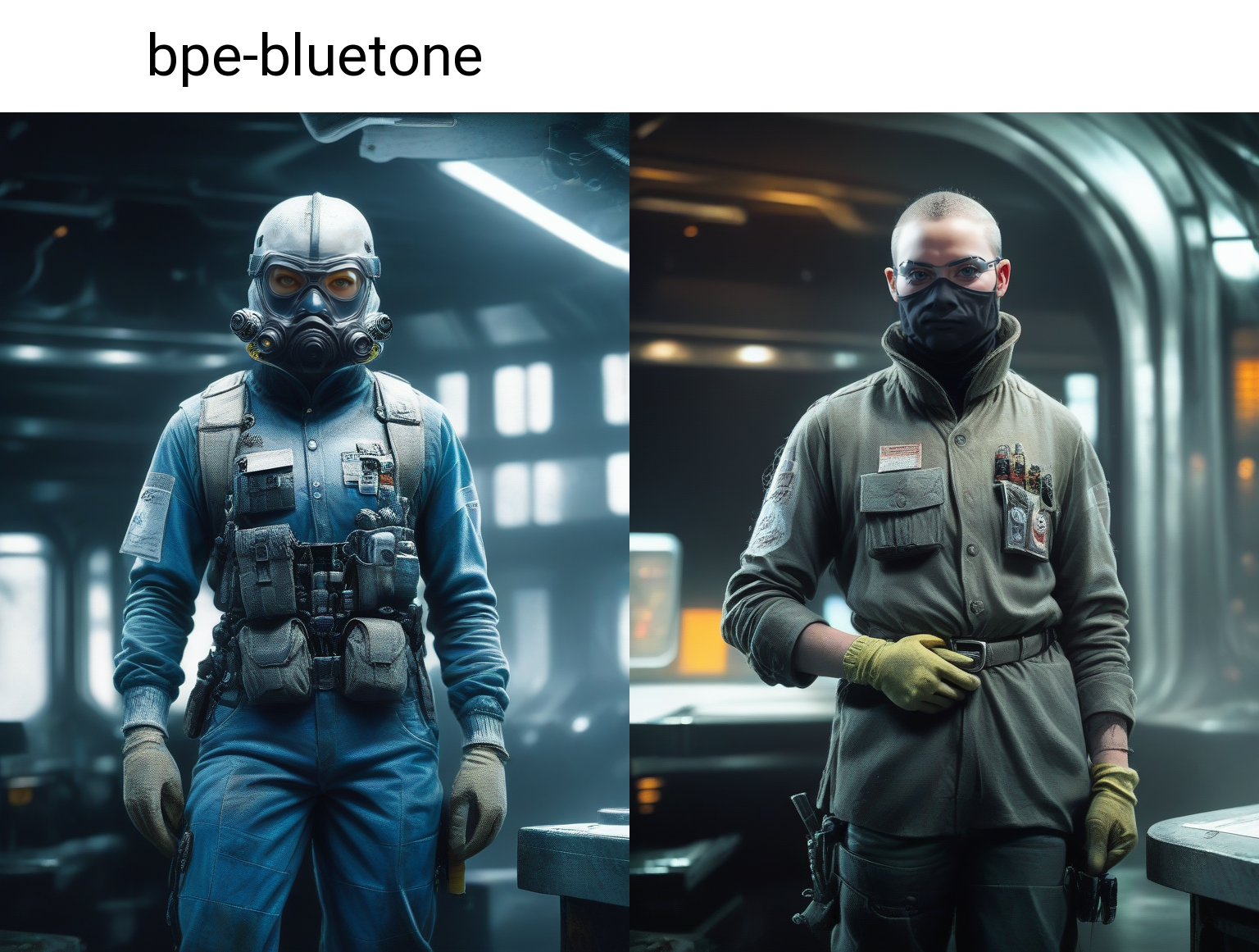 bpe-bluetone
( visiting mars post station) (biohazard protective-hazmat-suit:1.4) with facemask, standing,  indoors, horizon, rugged, looking at viewer,   grit,
bpe-pro bpe-scifi