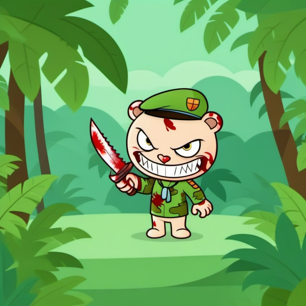 cinematic photo  a cartooncharacter in the jungle with a knife, blood <lora:Flippy1024:0.8> . 35mm photograph, film, bokeh, professional, 4k, highly detailed