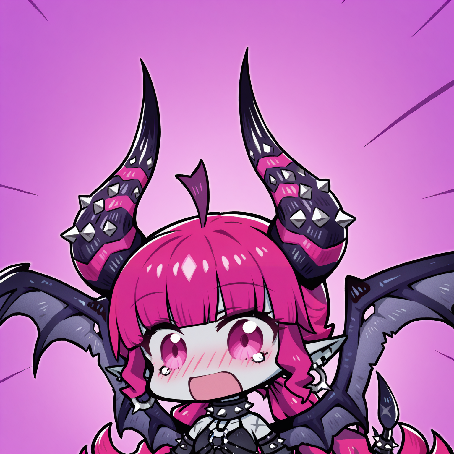 solo, parody, chibi, liz_love, surprised, blush, tears <lora:liz_love:1> 1girl, monster girl, colored skin, grey skin, multicolored hair, pink hair, very long hair, low twintails, pink eyes, pointy ears, spikes, horns, demon wings, tail, hoop earring, spiked collar, o-ring, detached sleeves, <lora:Kulu_AFK:1>, masterpiece, best quality, amazing quality, very aesthetic, absurdres, highres, newest