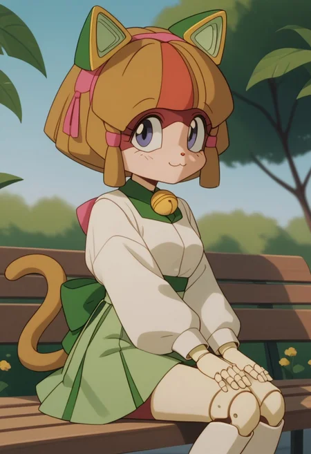 1girl, solo, (Otama, cat girl, two-tone fur, ((android)), doll joints, petite), score_9, score_8_up, score_7_up, score_6_up, score_5_up, score_4_up, (beautiful summer Park background:1,5), sitting on bench, chibi, short legs, cat tall, looking at viewer, 3/4 side view, slightly smile, hands on knees, short green kimono, green mini skirt, medium breasts,