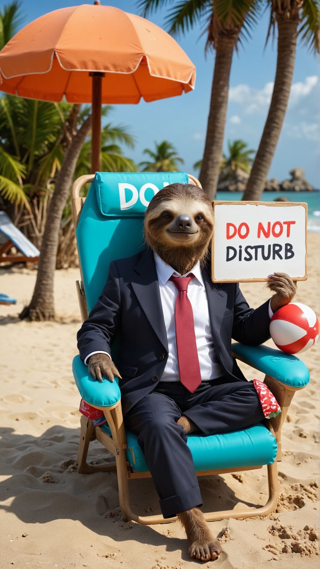 sloth in a business suit lounging on a beach chair, holding a sign on top with text:"Do Not Disturb", surrounded by inflatable palm trees and miniature beach balls.
, <lora:aidmaFluxStyleXL-v0.2:0.7> 
 <lora:aidma-Image Upgrader-v0.1:0.35>